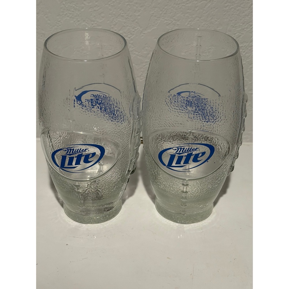 Miller Lite Football Shaped Beer Glasses Set of 2 Textured Clear Glass Barware